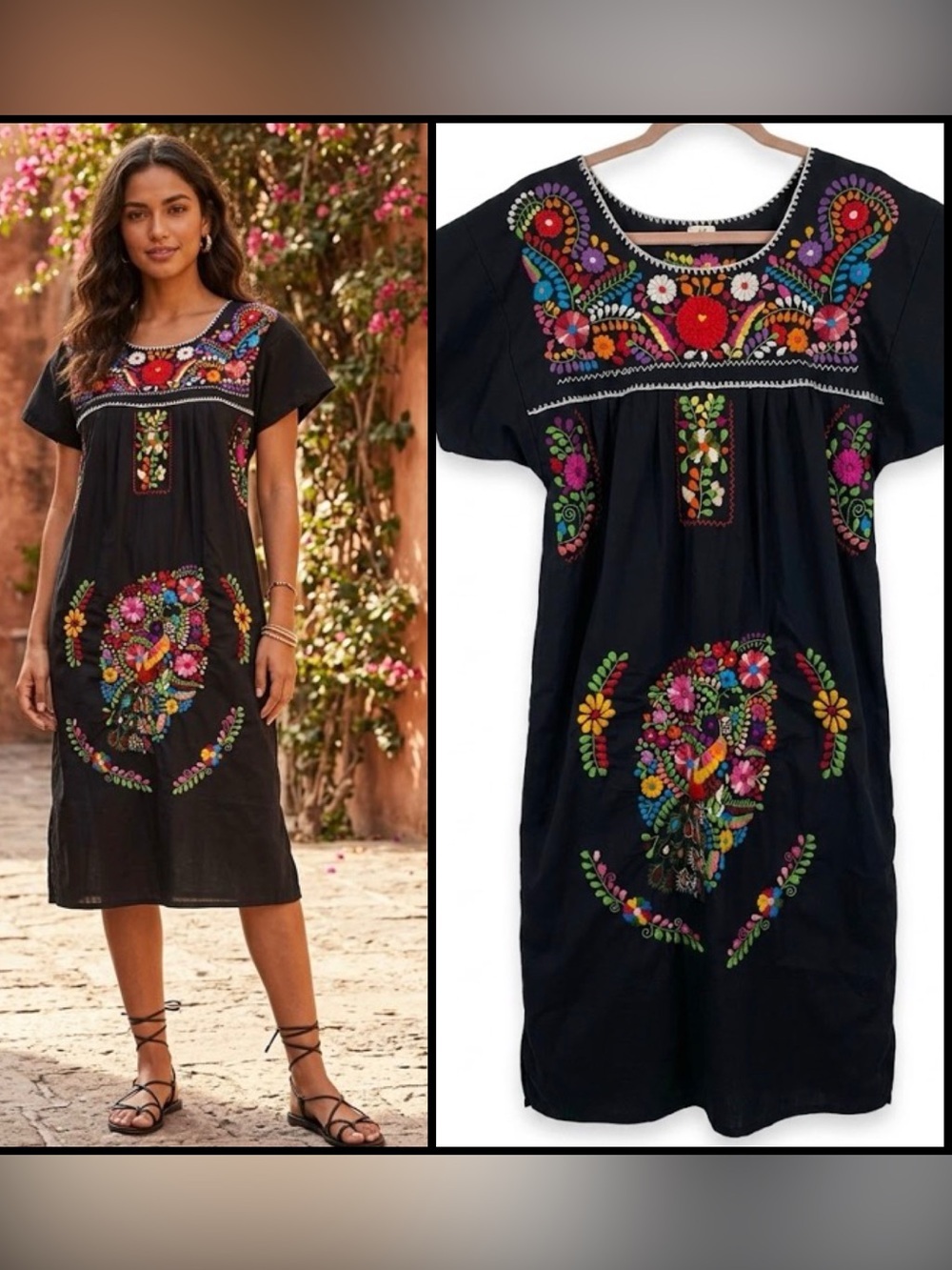 Vintage Hand Embroidered Puebla Floral Peacock Black Made In Mexico Midi Dress M